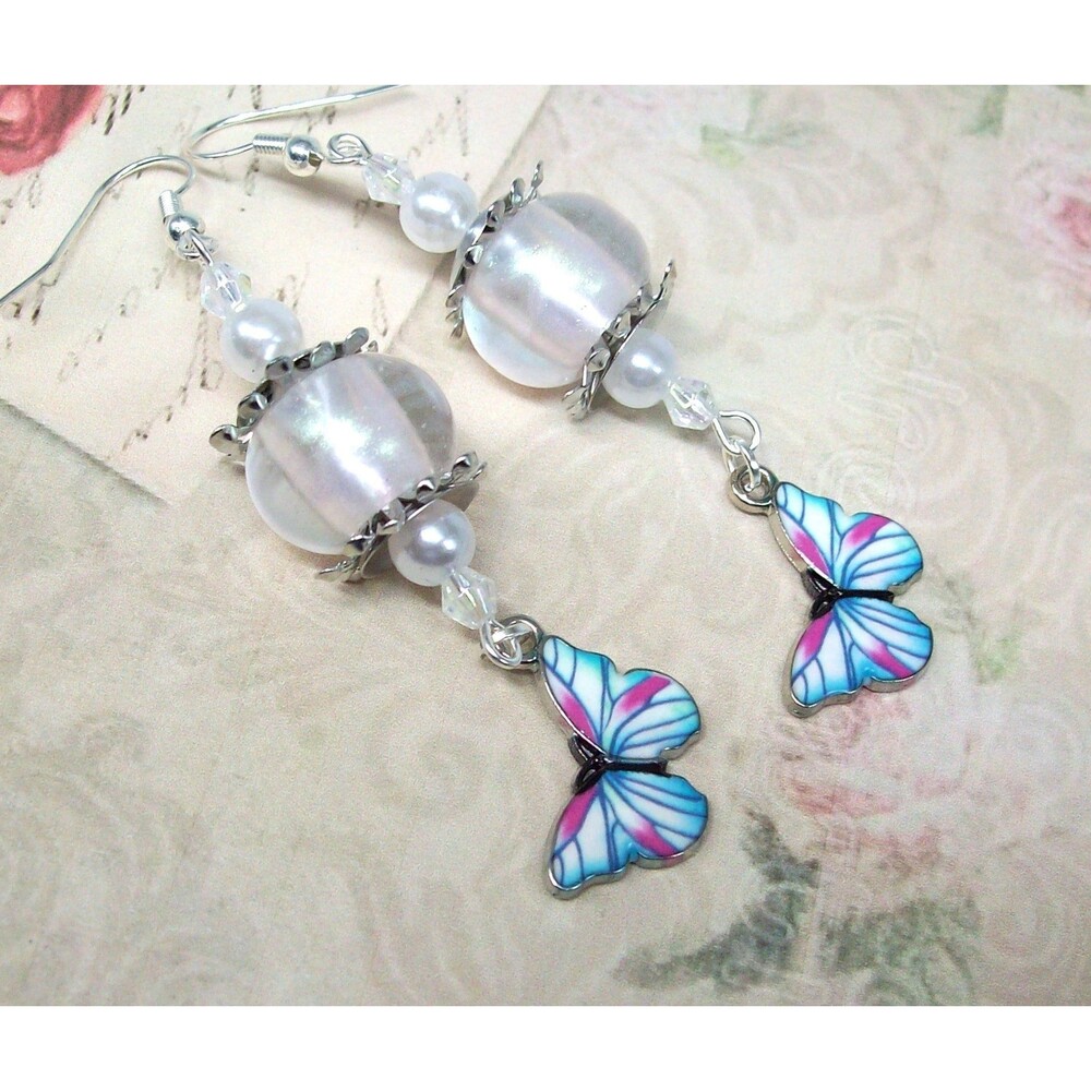 Butterfly Lampwork Dangle Earrings, Silver, Handmade Jewelry,